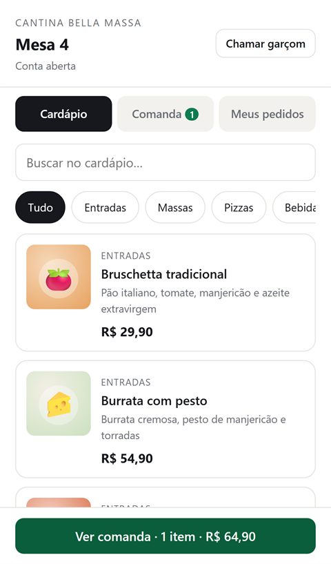 Cardápio do App-Venda no celular do cliente, aberto pelo QR da mesa, com o botão para chamar o garçom