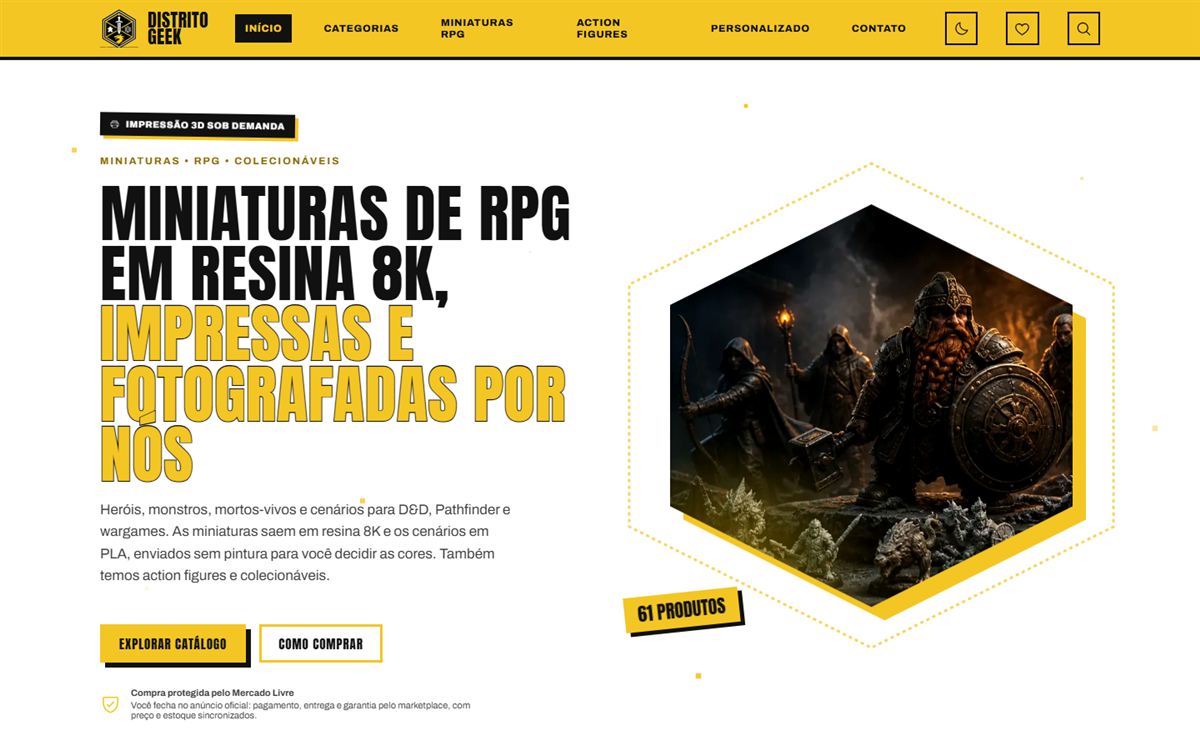 Página inicial da Distrito Geek no computador, com a vitrine de miniaturas de RPG e colecionáveis