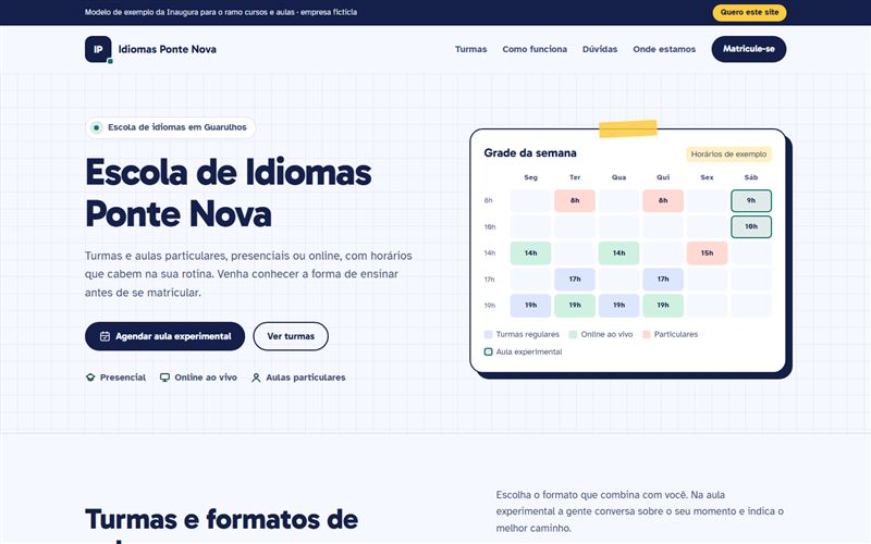 Modelo de site para cursos e aulas: Escola de Idiomas Ponte Nova, empresa fictícia