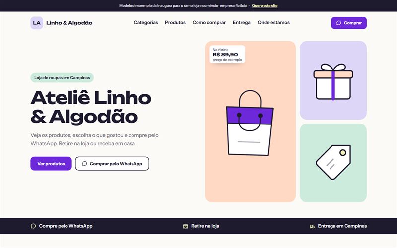 Modelo de site para loja e comércio: Ateliê Linho & Algodão, empresa fictícia